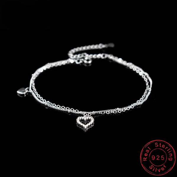 New Fashion 925 Sterling Silver Heart Rhinestone Double Layer Anklet