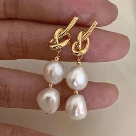 SILTAKI Knotted Hollow Baroque 2 Natural Fresh Water Pearls Hanging Elegant Dangle Earrings