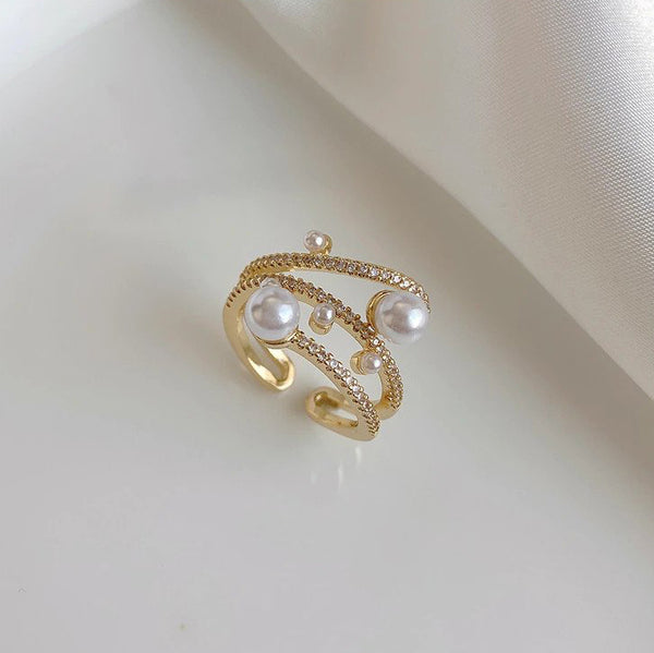 Luxurious And Exquisite Three-Layer Pearl Gold Adjustable Ring