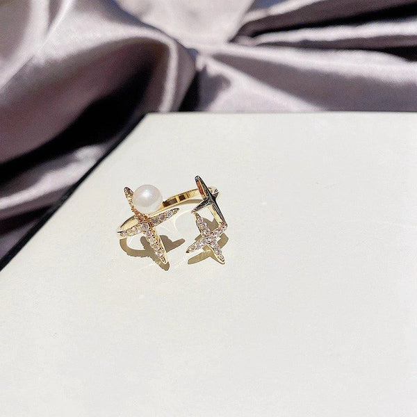 Classic Design Sense Golden Star Shaped Pearl Opening Adjustable Ring