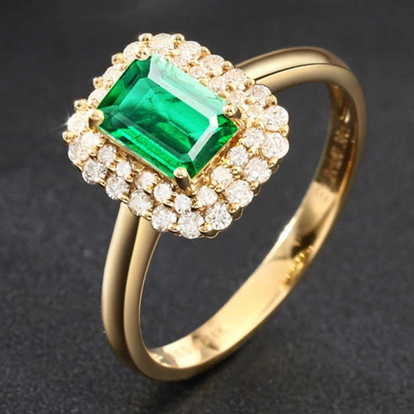 Silver 925  With Square Emerald Gemstones Gold Color Adjustable Ring
