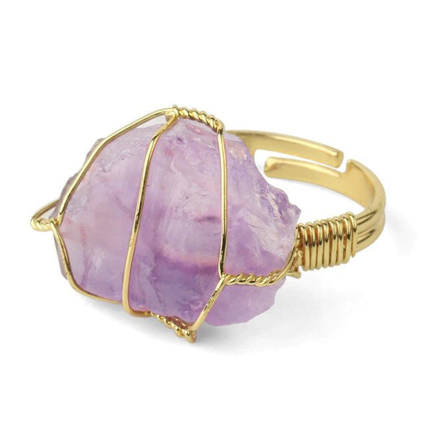 Natural Crystal Stone Rings Irregular Wire Wrap Healing Amethysts Fluorite Gold-colour Resizable Ring
