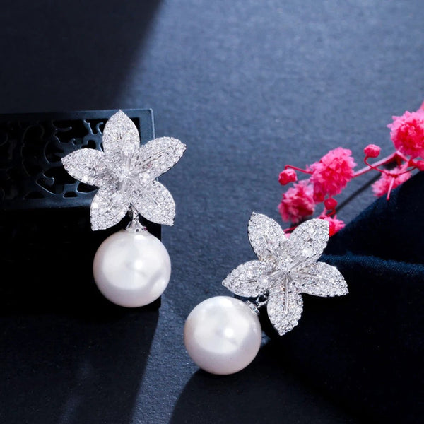 Zircons Noble White Gold Color Dangle Drop Pearl Cubic Zirconia Flower Earrings