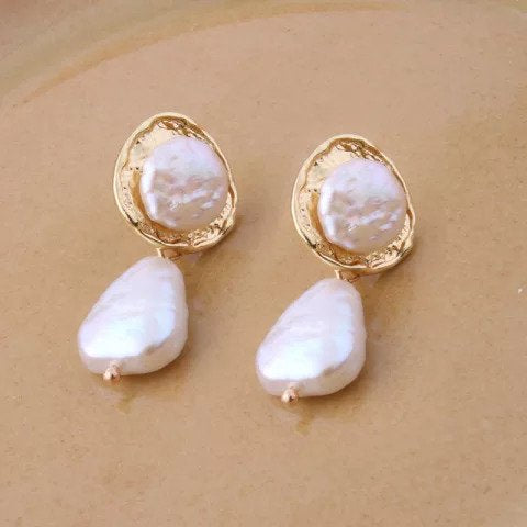 NEW Geometric Shape Handmade Hollow Freshwater Pearls  Dangle Drop Earrings