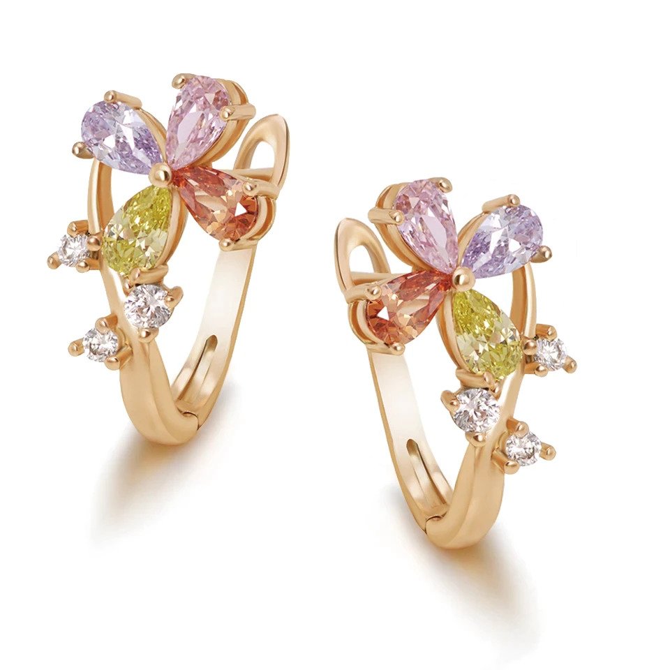 Multicolor Zircon Flowers Earrings Hoop Gold color 18k