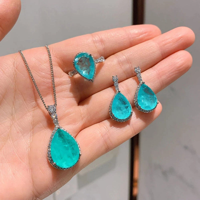 Luxury 925 Sterling Silver Paraiba Tourmaline Gemstone Earrings/Pendant/Necklace/Ring Set