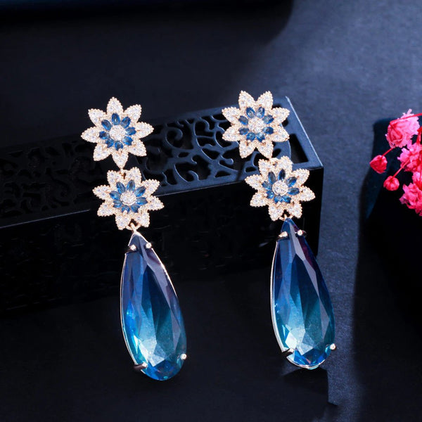 Beautiful Dangly Flower Blue Cubic Zirconia Crystal Long Big Water Drop Earrings