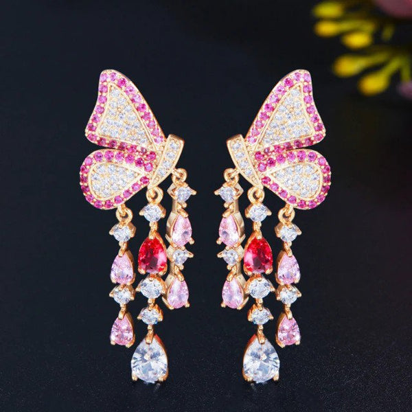 Beautiful Butterfly Hot Pink CZ Crystal Silver 925 Long Tassel Waterdrop Dangle Earrings