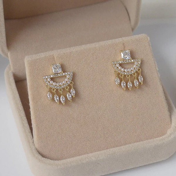 New Fashion Jewelry Micro-inlaid Zircon Pearl Geometric Tassel Luxury Silver & Gold Earrings