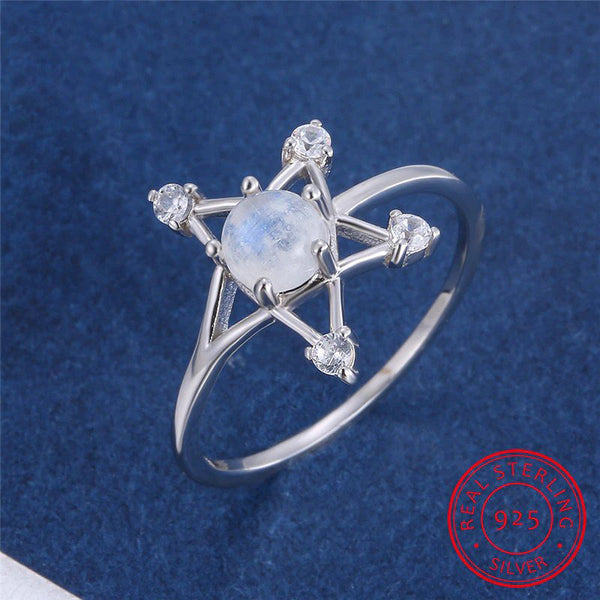 925 Sterling Silver Cute Star Round White Opal Moonstone Ring