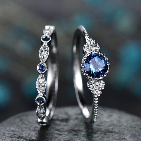 Sterling Silver Sparkling Perfect Blue Round Cut Zircon Stone Duo Gift Ring 2 Pieces Combo