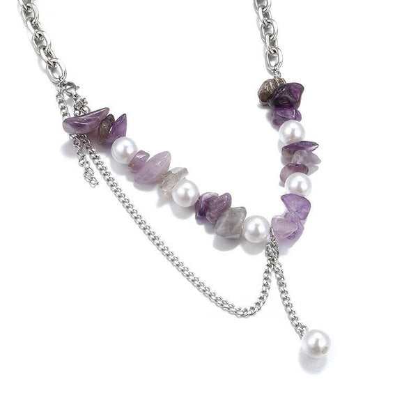 New Style Natural Irregular Amethyst Patchwork Metal Chain Pendant Necklace