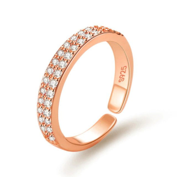 925 Sterling Silver Double Row Crystal Zircon Rose Gold Simple Open Adjustable Ring