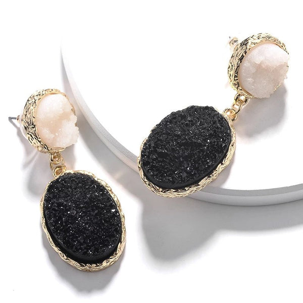 Fashion Zinc Alloy Gold Plating Circle Oval Shape Imitation Resin Druzy Stone Earrings
