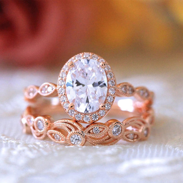 2 Pieces Ring New Hollow Pattern Oval Shape Zirconia Rose Gold Dual Ring