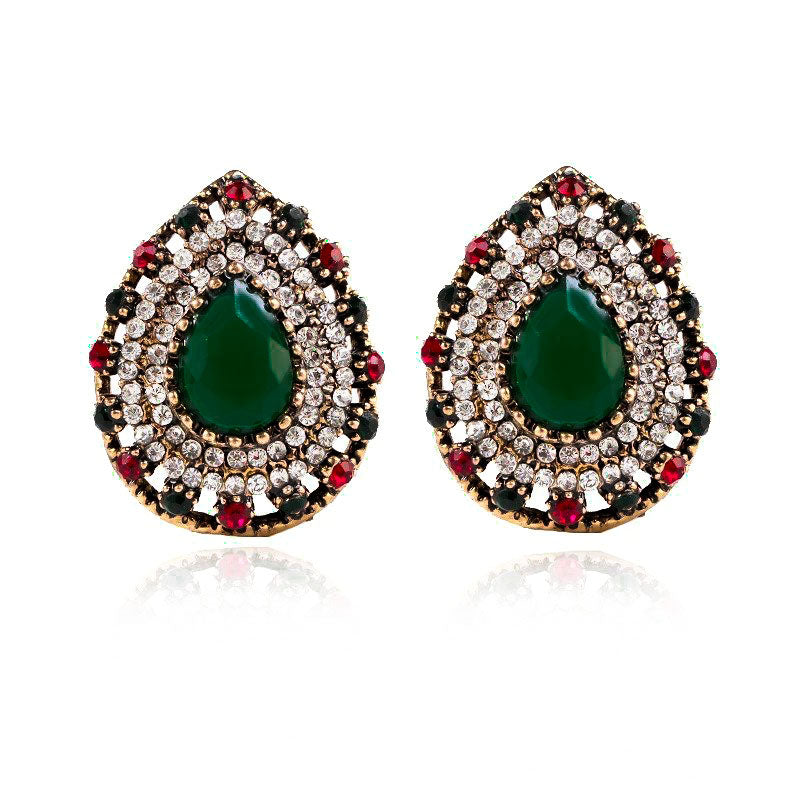 Rhinestone Dark Red Dark Green Water Drop Shape Earrings