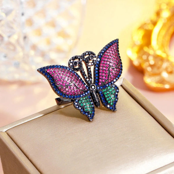 Charming Red Green Micro Paved Zircon Large Butterfly Design Adjustable Ring