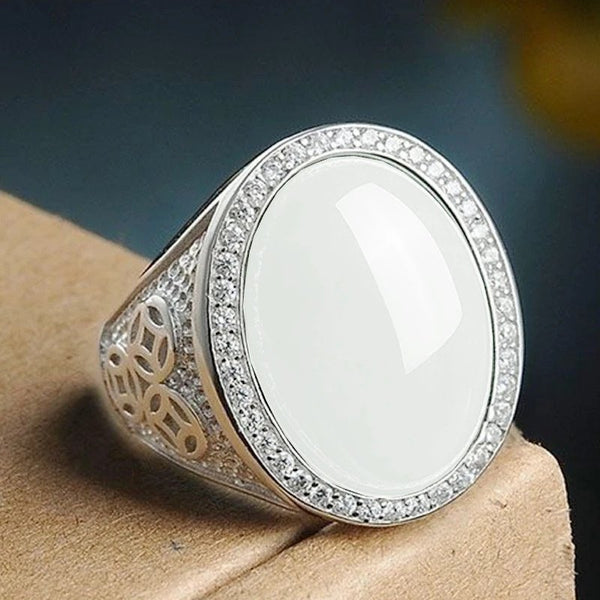 Silver Plated Oval Shape Zirconia Men's Adjustable Ring
